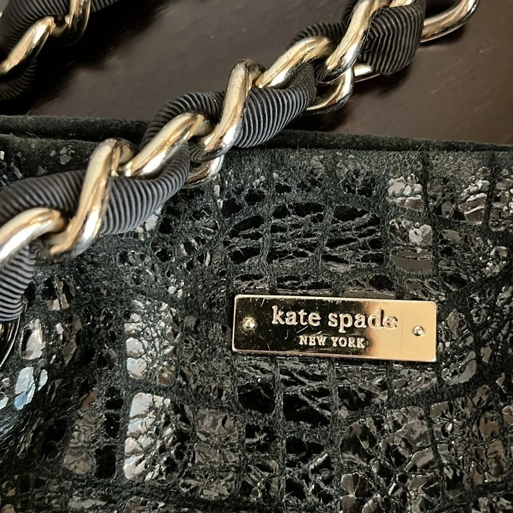 Kate Spade Y2K Black Patent Leather Croc Pattern Shoulder Bag Satchel Tote EUC